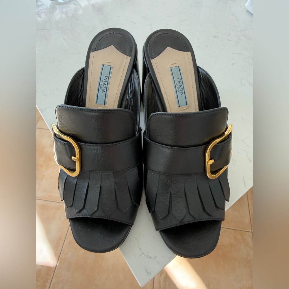 Prada Black Leather Fringe Mules with Gold Buckle Sz 38